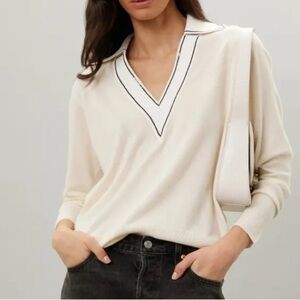 Sandro Cream V-Neck Wool and Cashmere Blend Sweater with Black Trim